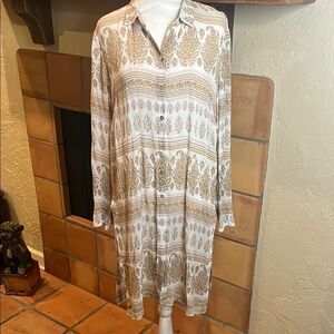 J. Jill Tan and Cream Paisley Button Down Tunic/Duster, size S